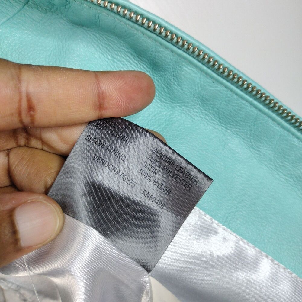 Wilsons Womens 90's VTG Leather Maxima Ruched Moto Jacket Aqua Teal Blue Size M - Picture 7 of 8